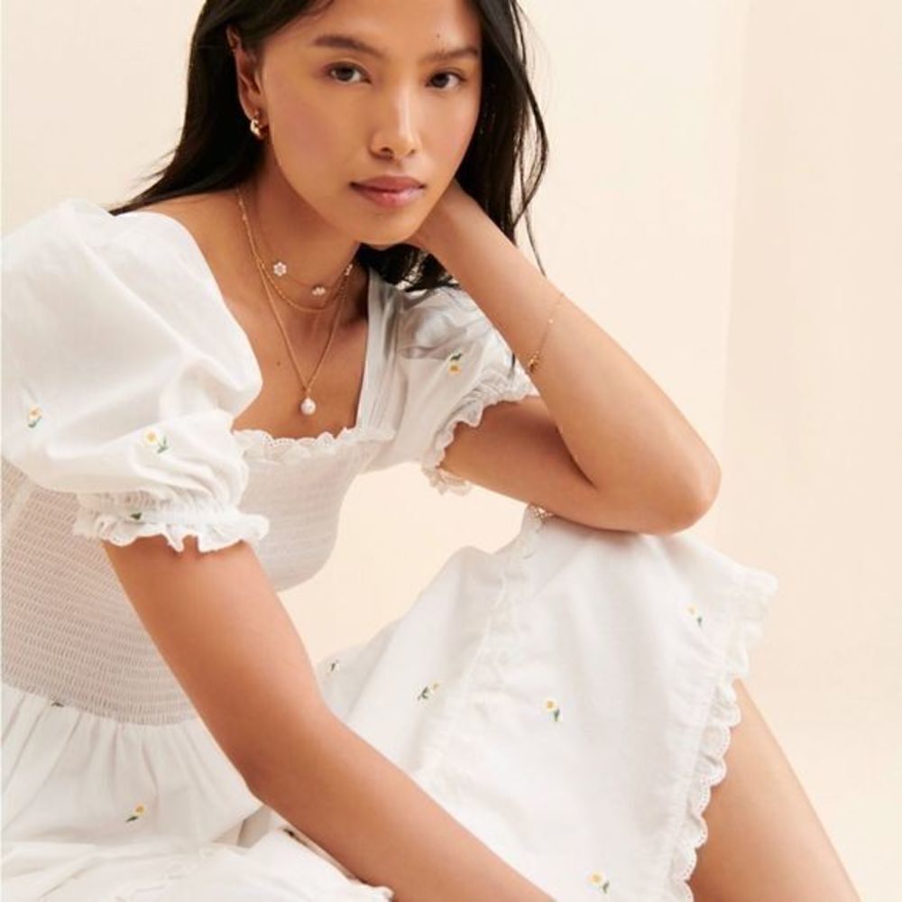 New Sister Jane Coastland Petal Midi Dress Puff Sleeve Tiered Ruffle S White - Picture 3 of 12
